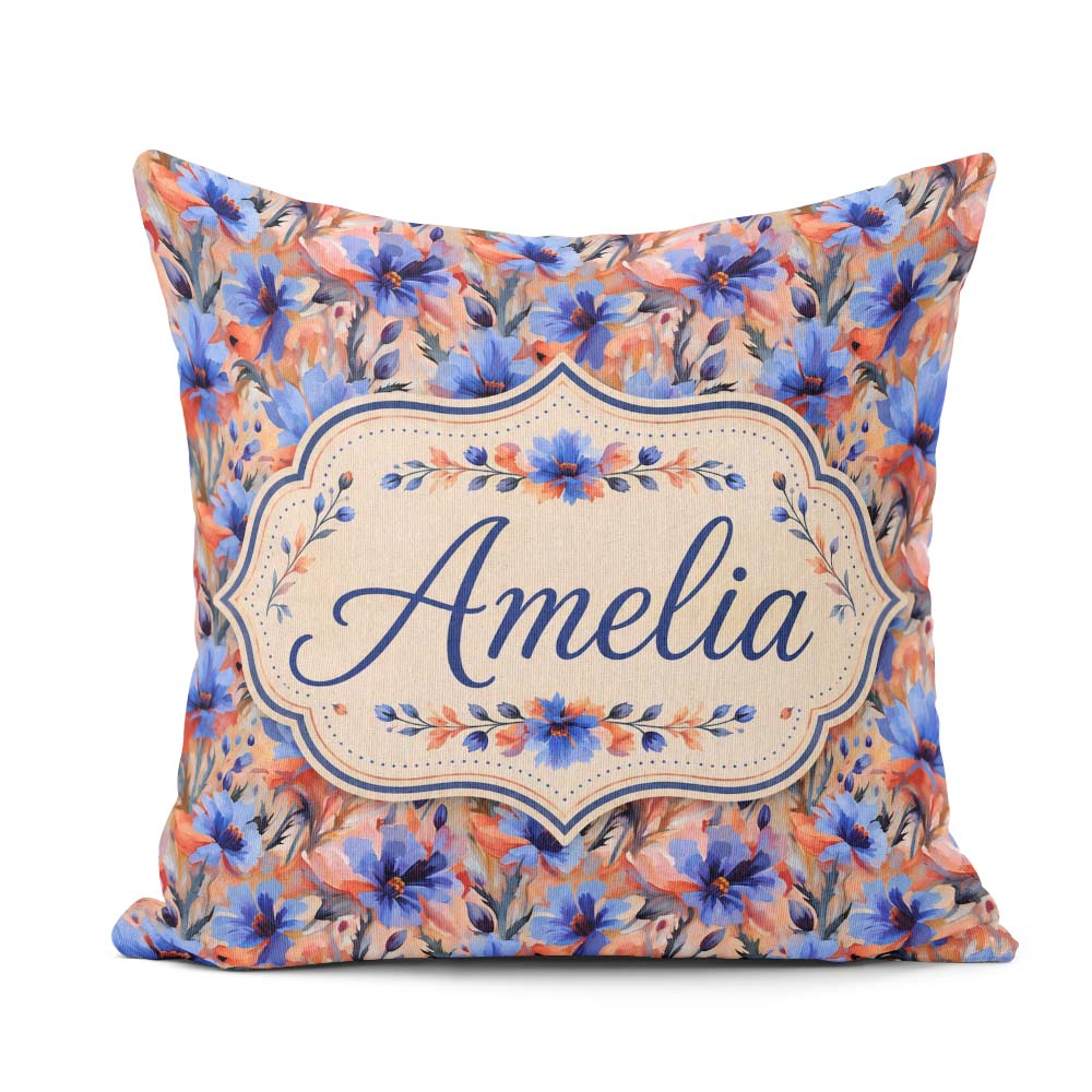 Custom Name Bold Painterly Blue and Coral Flowers Seamless Name Square Filled Cushion Throw Pillow Sofa Bed Home Decor Zip Washable UK Made