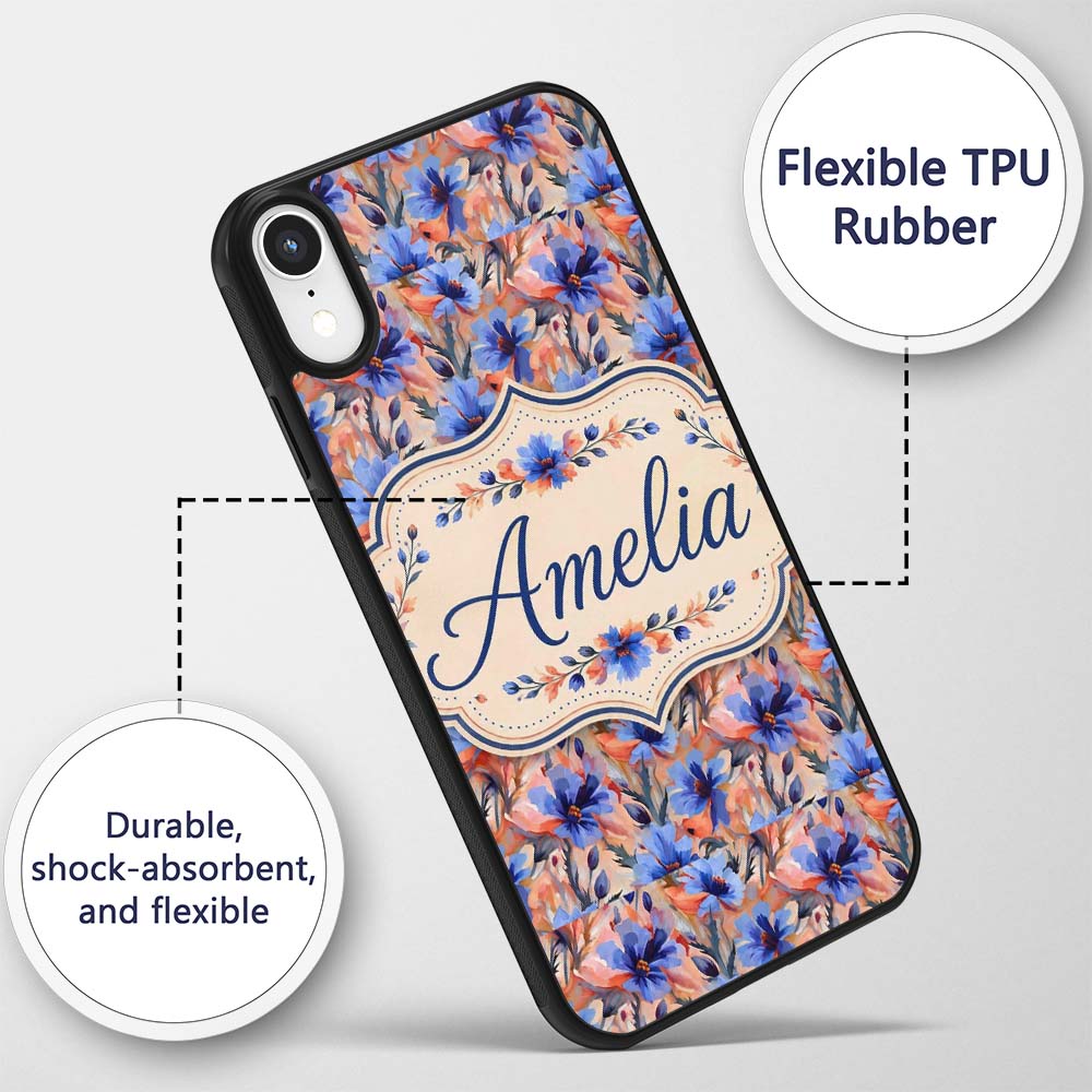 Bold Painterly Blue and Coral Flowers Seamless Custom Name Protective Phone Case Mobile Cover Durable Everyday Smartphone Shock Resistant