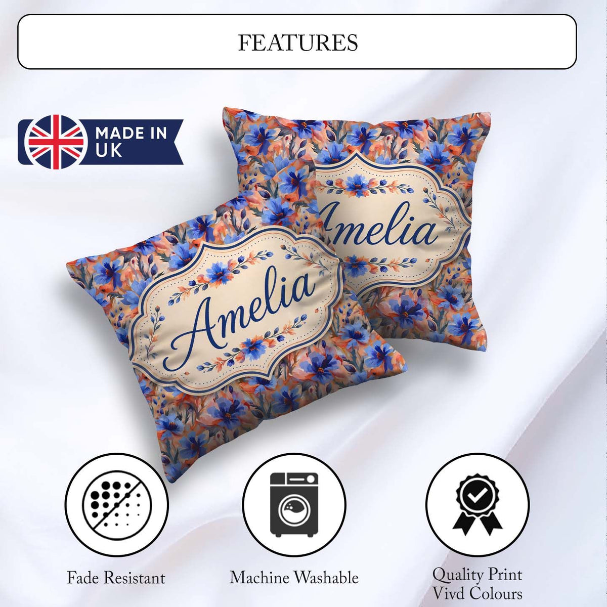 Custom Name Bold Painterly Blue and Coral Flowers Seamless Name Square Filled Cushion Throw Pillow Sofa Bed Home Decor Zip Washable UK Made
