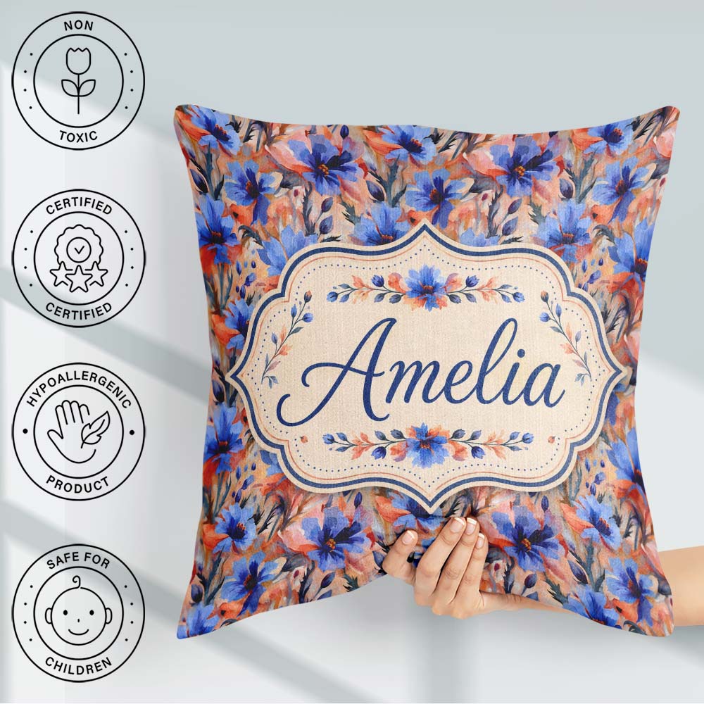 Custom Name Bold Painterly Blue and Coral Flowers Seamless Name Square Filled Cushion Throw Pillow Sofa Bed Home Decor Zip Washable UK Made