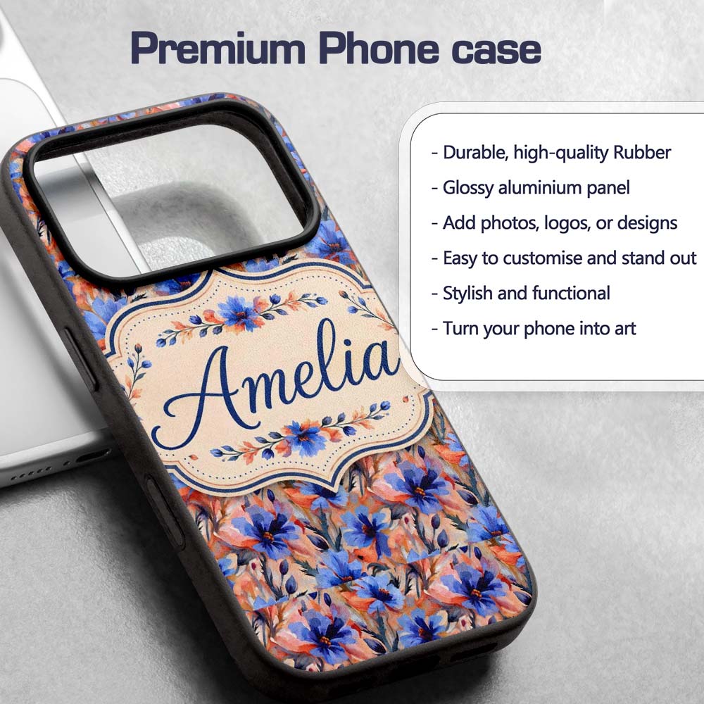 Bold Painterly Blue and Coral Flowers Seamless Custom Name Protective Phone Case Mobile Cover Durable Everyday Smartphone Shock Resistant