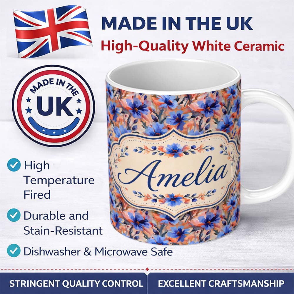 Personalized Custom Name Bold Painterly Blue and Coral Flowers Seamless Pattern Name Cute 11oz Ceramic Coffee Tea Mug White Large Handle