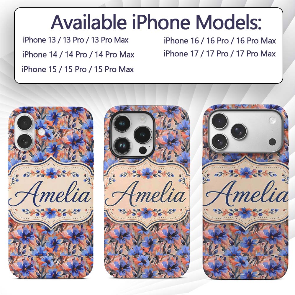 Bold Painterly Blue and Coral Flowers Seamless Custom Name Protective Phone Case Mobile Cover Durable Everyday Smartphone Shock Resistant