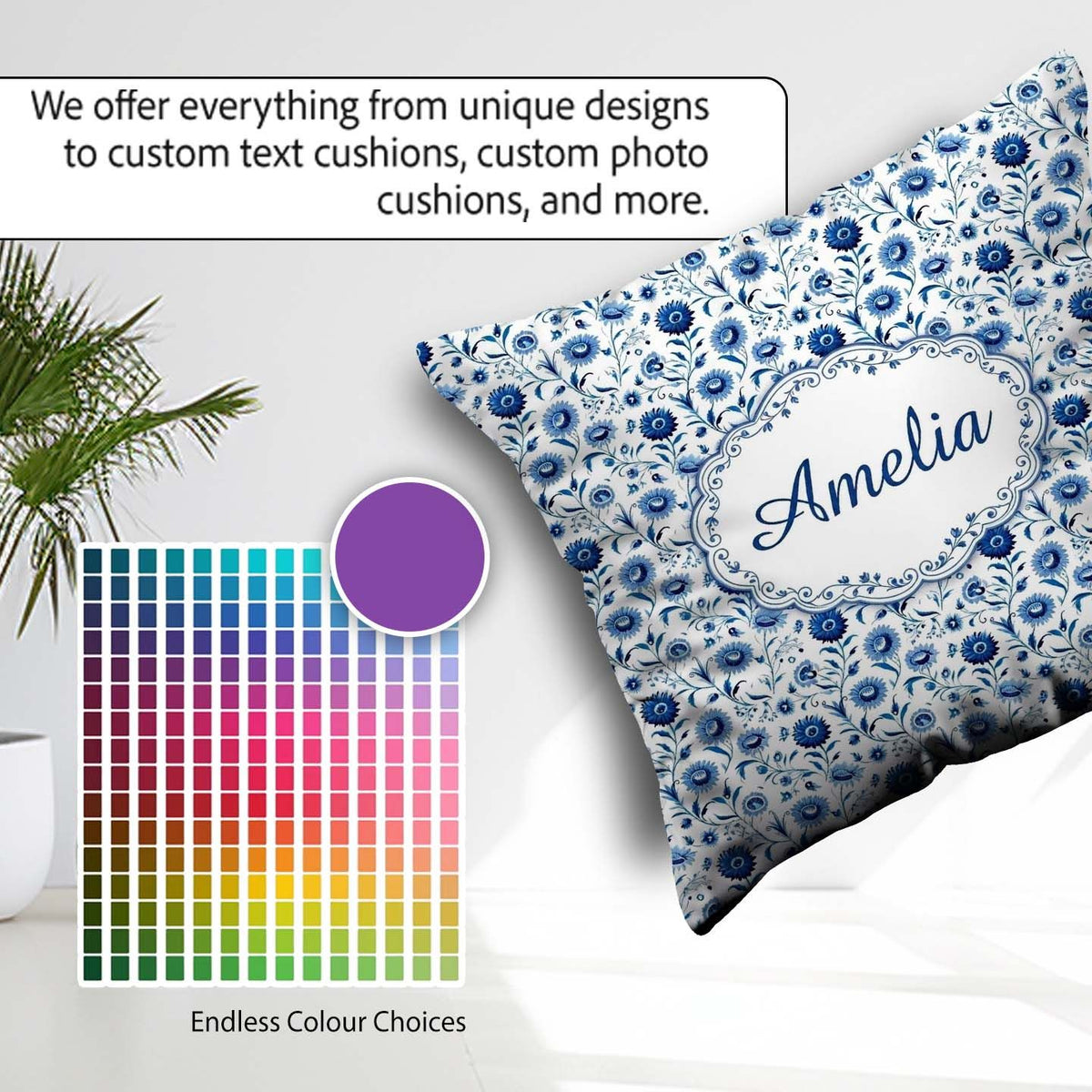 Custom Name Classic Blue Folk Art Floral Pattern Seamless Cute Square Filled Cushion Throw Pillow Sofa Bed Home Decor Zip Washable UK Made