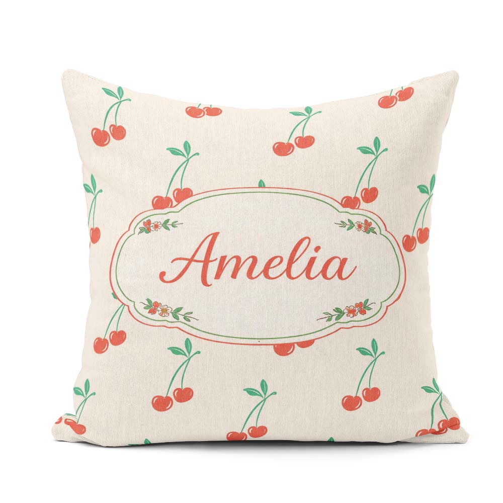 Custom Name Cute Cherry Fruit Minimal Seamless Pattern Everyday Square Filled Cushion Throw Pillow Sofa Bed Home Decor Zip Washable UK Made