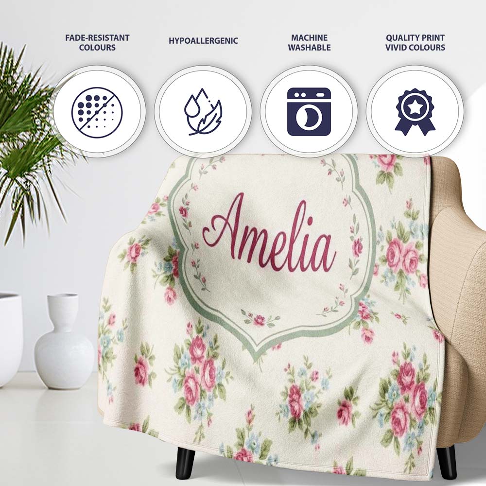 Vintage Pink and Blue Rose Bouquet Floral Seamless Pattern Name Cute Personalised Custom Name Super Soft Fleece Blanket Bed Sofa Throw