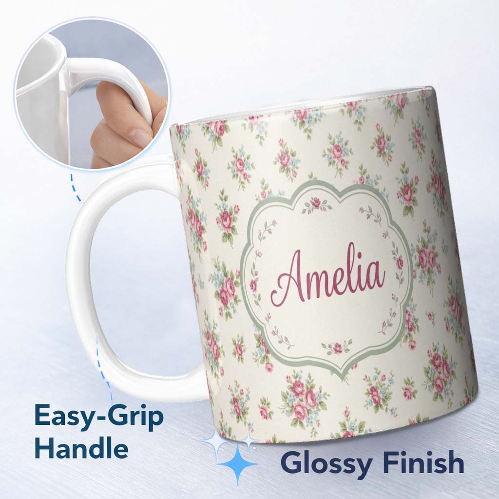 Personalized Custom Name Vintage Pink and Blue Rose Bouquet Floral Seamless Pattern Name Cute 11oz Ceramic Coffee Tea Mug White Large Handle