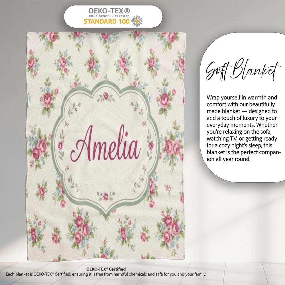 Vintage Pink and Blue Rose Bouquet Floral Seamless Pattern Name Cute Personalised Custom Name Super Soft Fleece Blanket Bed Sofa Throw