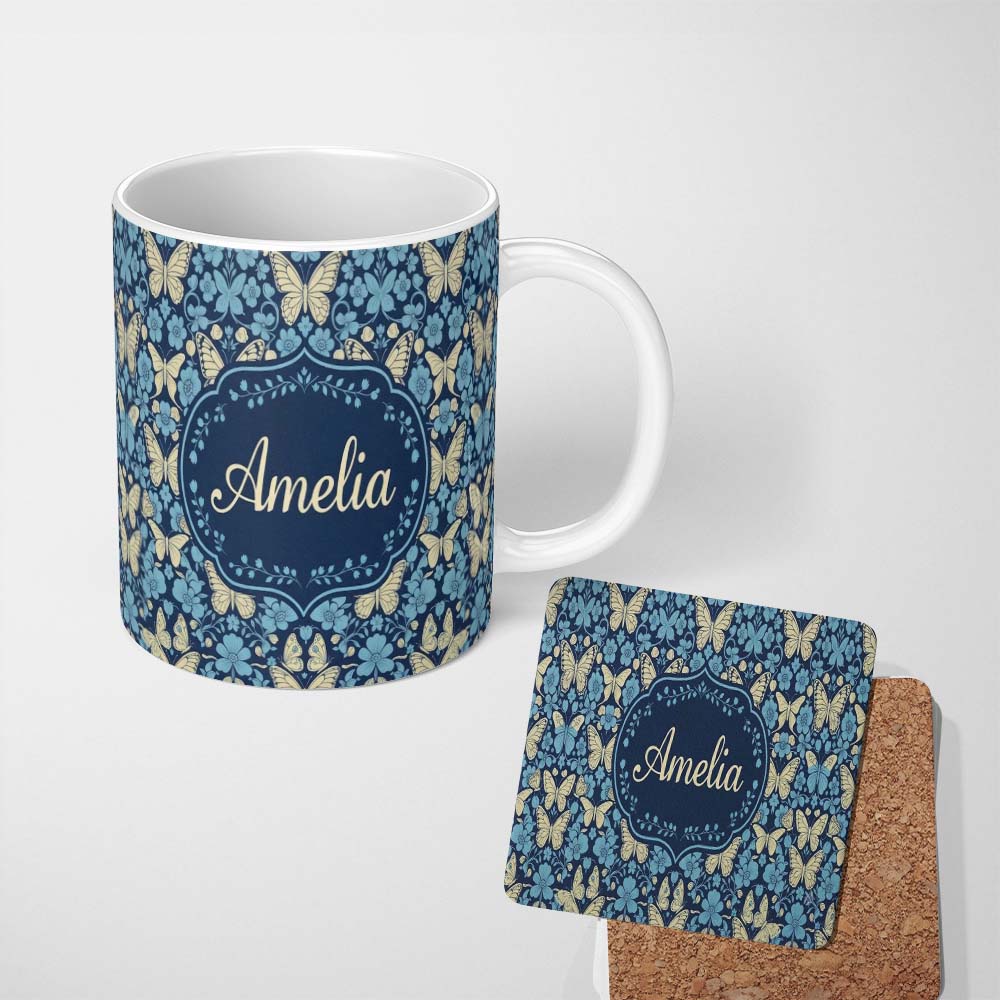 Personalized Custom Name Dark Navy Floral with Beige Blossoms Seamless Pattern Name Cute 11oz Ceramic Coffee Tea Mug White Large Handle