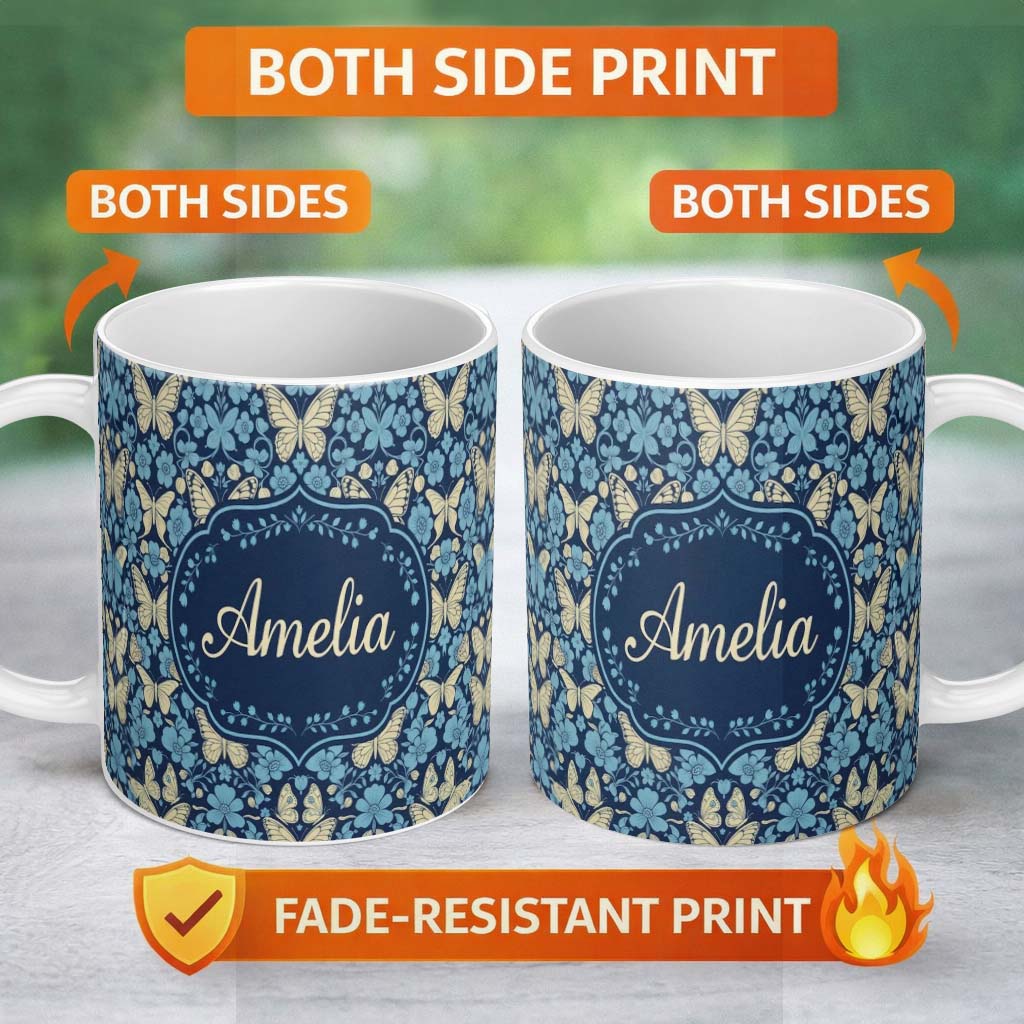 Personalized Custom Name Dark Navy Floral with Beige Blossoms Seamless Pattern Name Cute 11oz Ceramic Coffee Tea Mug White Large Handle