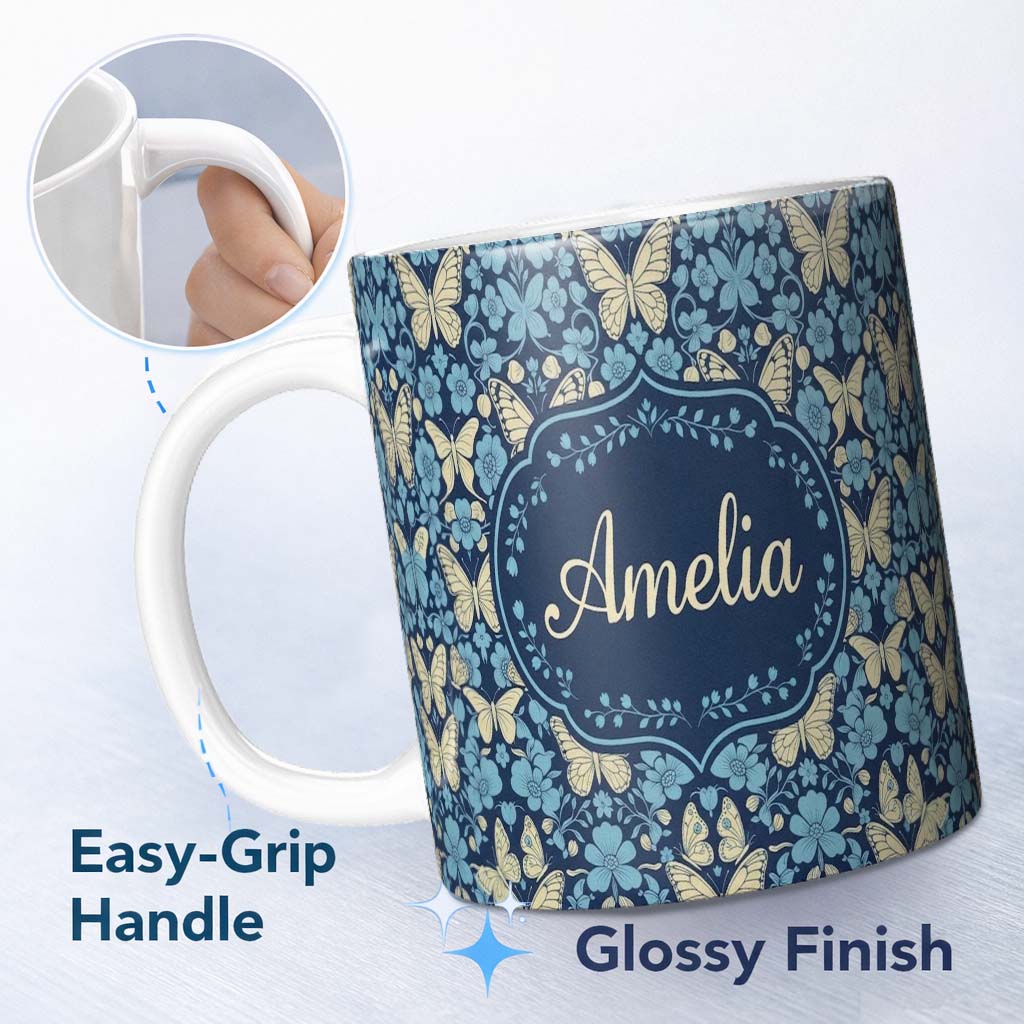 Personalized Custom Name Dark Navy Floral with Beige Blossoms Seamless Pattern Name Cute 11oz Ceramic Coffee Tea Mug White Large Handle