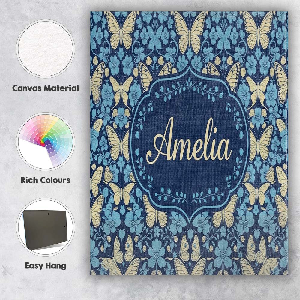 Personalised Name Dark Navy Floral with Custom Modern Room Accent Elegant Feature Canvas Wall Art Print Decor Picture Ready to Hang