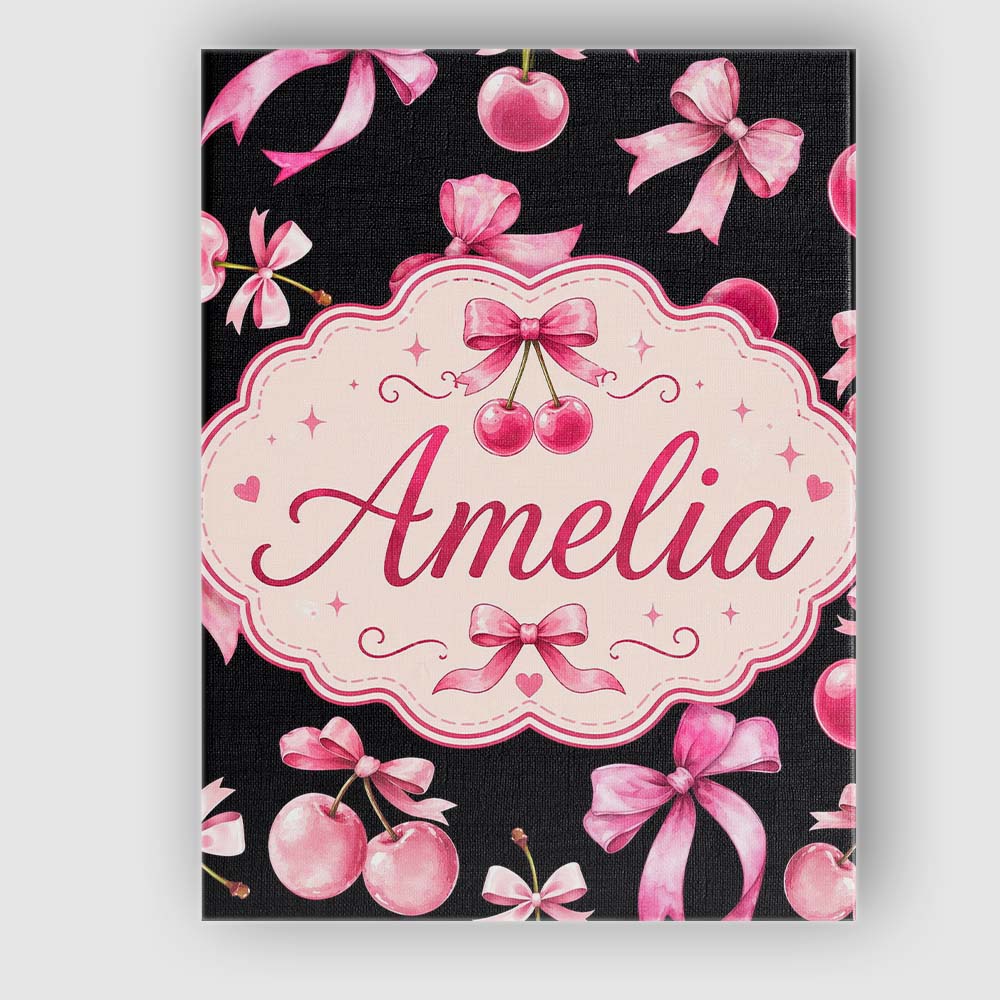 Personalised Name Watercolor Cherry Bow Ribbon Black Background Custom Statement Canvas Wall Art Print Decor Picture Ready to Hang