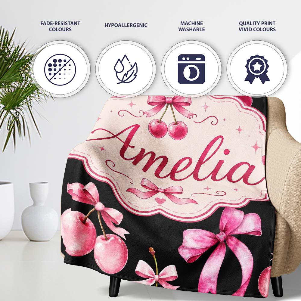 Watercolor Cherry Bow Ribbon Black Background Seamless Pattern Personalised Custom Name Super Soft Fleece Blanket Bed Sofa Throw