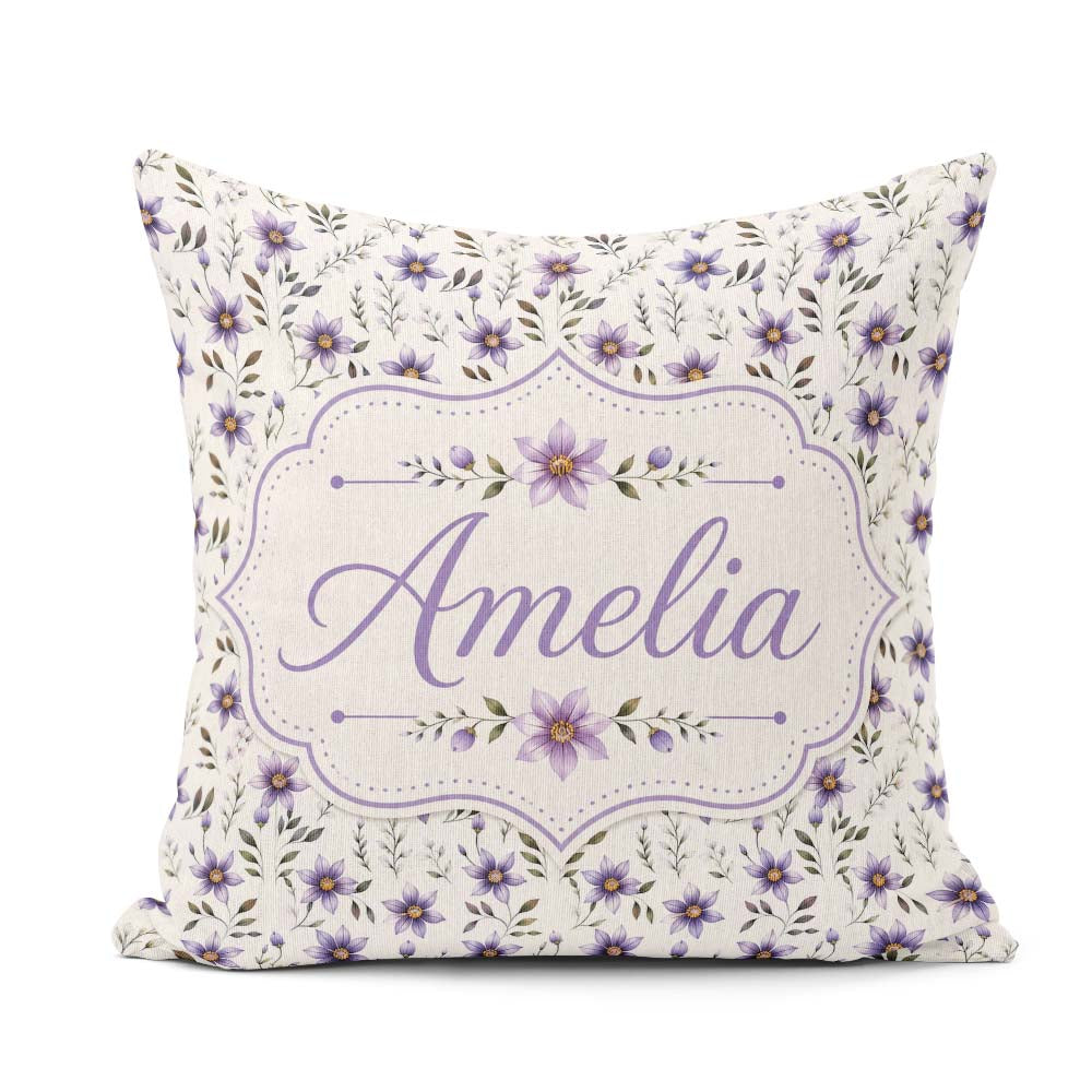 Custom Name Soft Lilac and Yellow Wildflowers Seamless Name Cute Square Filled Cushion Throw Pillow Sofa Bed Home Decor Zip Washable UK Made