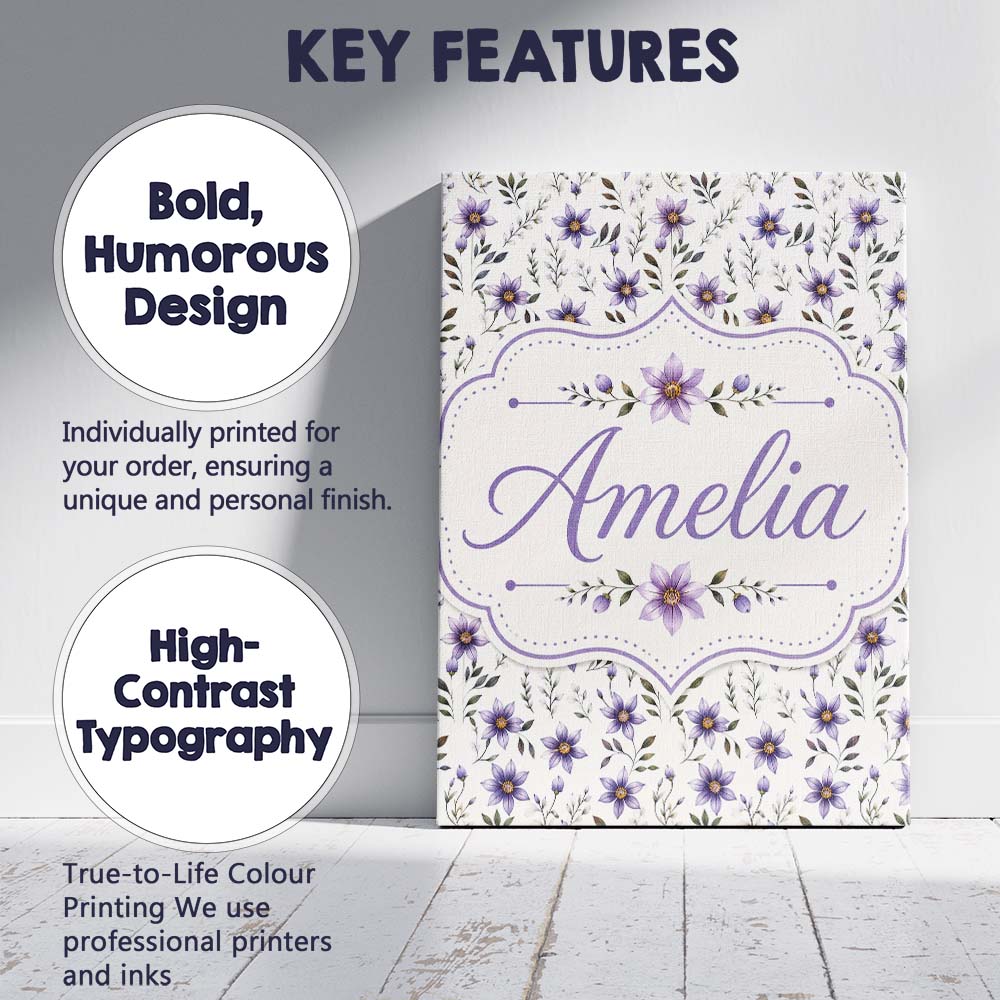 Personalised Name Soft Lilac and Yellow Custom Modern Room Accent Elegant Feature Canvas Wall Art Print Decor Picture Ready to Hang