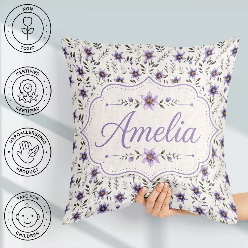 Custom Name Soft Lilac and Yellow Wildflowers Seamless Name Cute Square Filled Cushion Throw Pillow Sofa Bed Home Decor Zip Washable UK Made