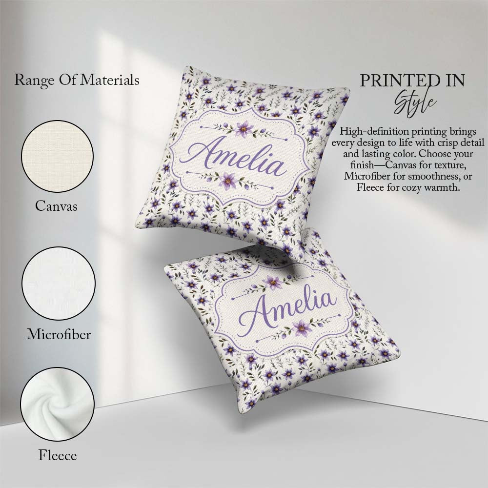 Custom Name Soft Lilac and Yellow Wildflowers Seamless Name Cute Square Filled Cushion Throw Pillow Sofa Bed Home Decor Zip Washable UK Made
