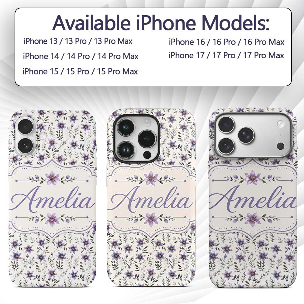 Soft Lilac and Yellow Wildflowers Printed Design Custom Name Protective Phone Case Mobile Cover Durable Everyday Smartphone Shock Resistant