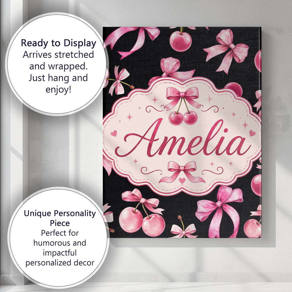 Personalised Name Watercolor Cherry Bow Ribbon Black Background Custom Statement Canvas Wall Art Print Decor Picture Ready to Hang