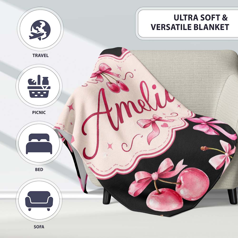 Watercolor Cherry Bow Ribbon Black Background Seamless Pattern Personalised Custom Name Super Soft Fleece Blanket Bed Sofa Throw
