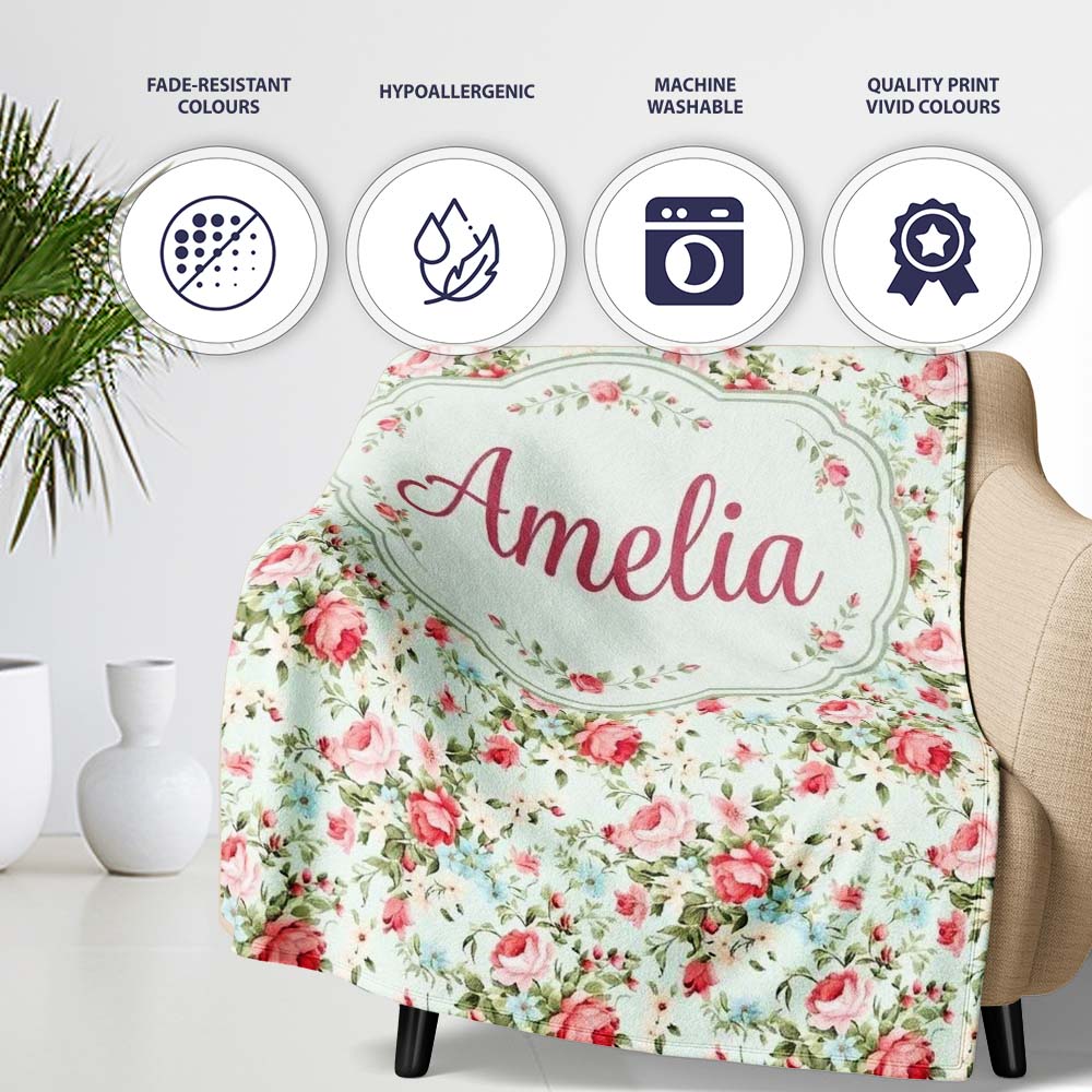 Vintage Pink Roses and Blue Floral Bouquet Seamless Pattern Name Personalised Custom Name Super Soft Fleece Blanket Bed Sofa Throw