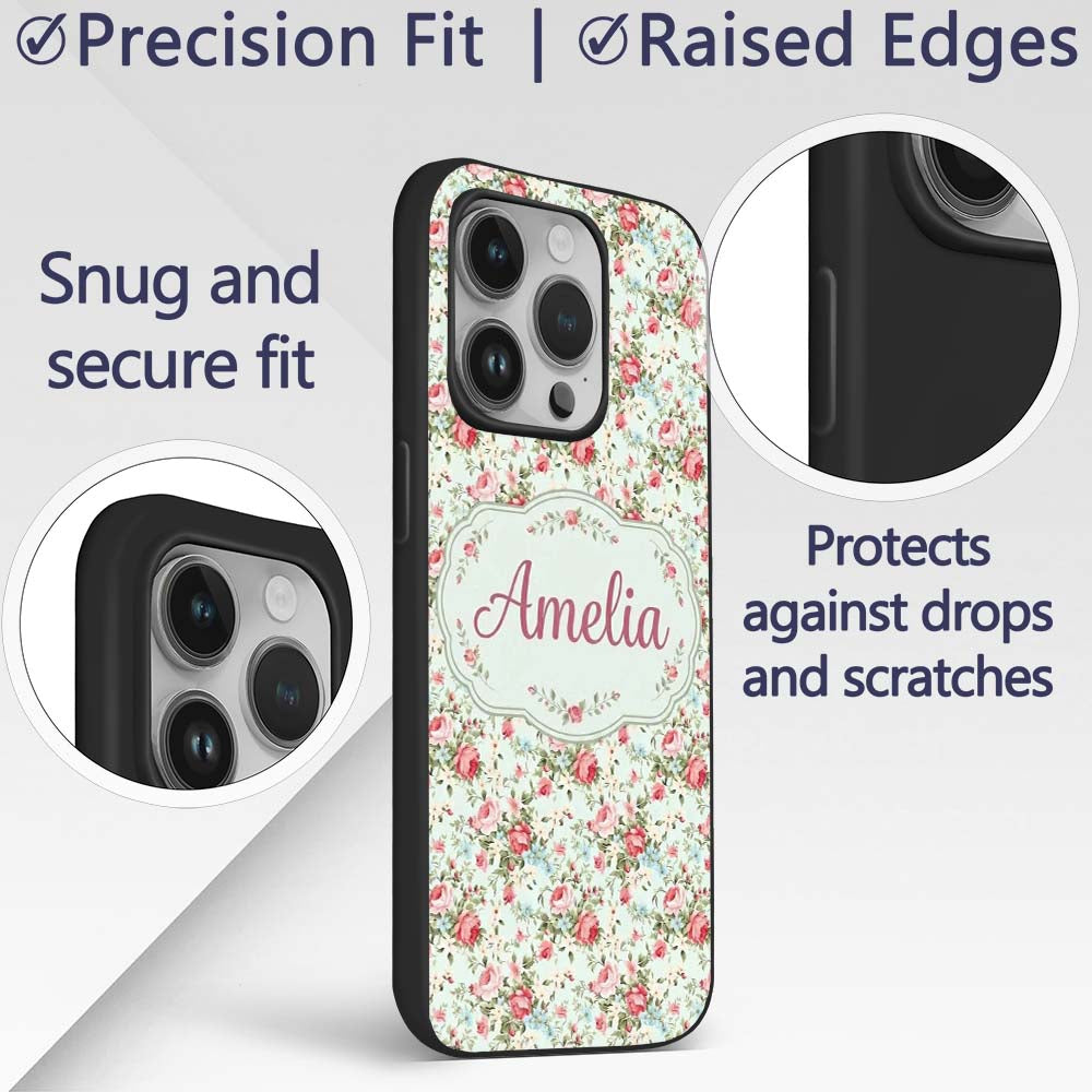 Vintage Pink Roses and Blue Floral Printed Design Custom Name Protective Phone Case Mobile Cover Durable Everyday Smartphone Shock Resistant