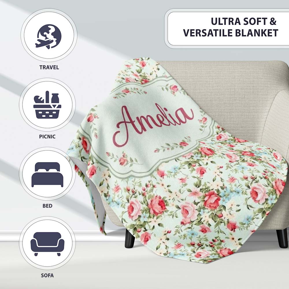 Vintage Pink Roses and Blue Floral Bouquet Seamless Pattern Name Personalised Custom Name Super Soft Fleece Blanket Bed Sofa Throw