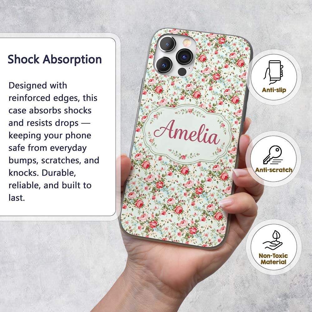 Vintage Pink Roses and Blue Floral Printed Design Custom Name Protective Phone Case Mobile Cover Durable Everyday Smartphone Shock Resistant