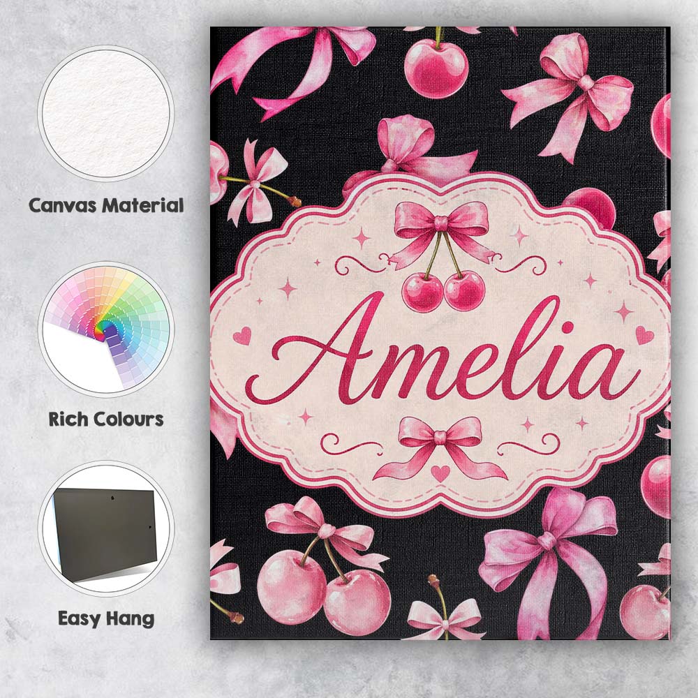 Personalised Name Watercolor Cherry Bow Ribbon Black Background Custom Statement Canvas Wall Art Print Decor Picture Ready to Hang