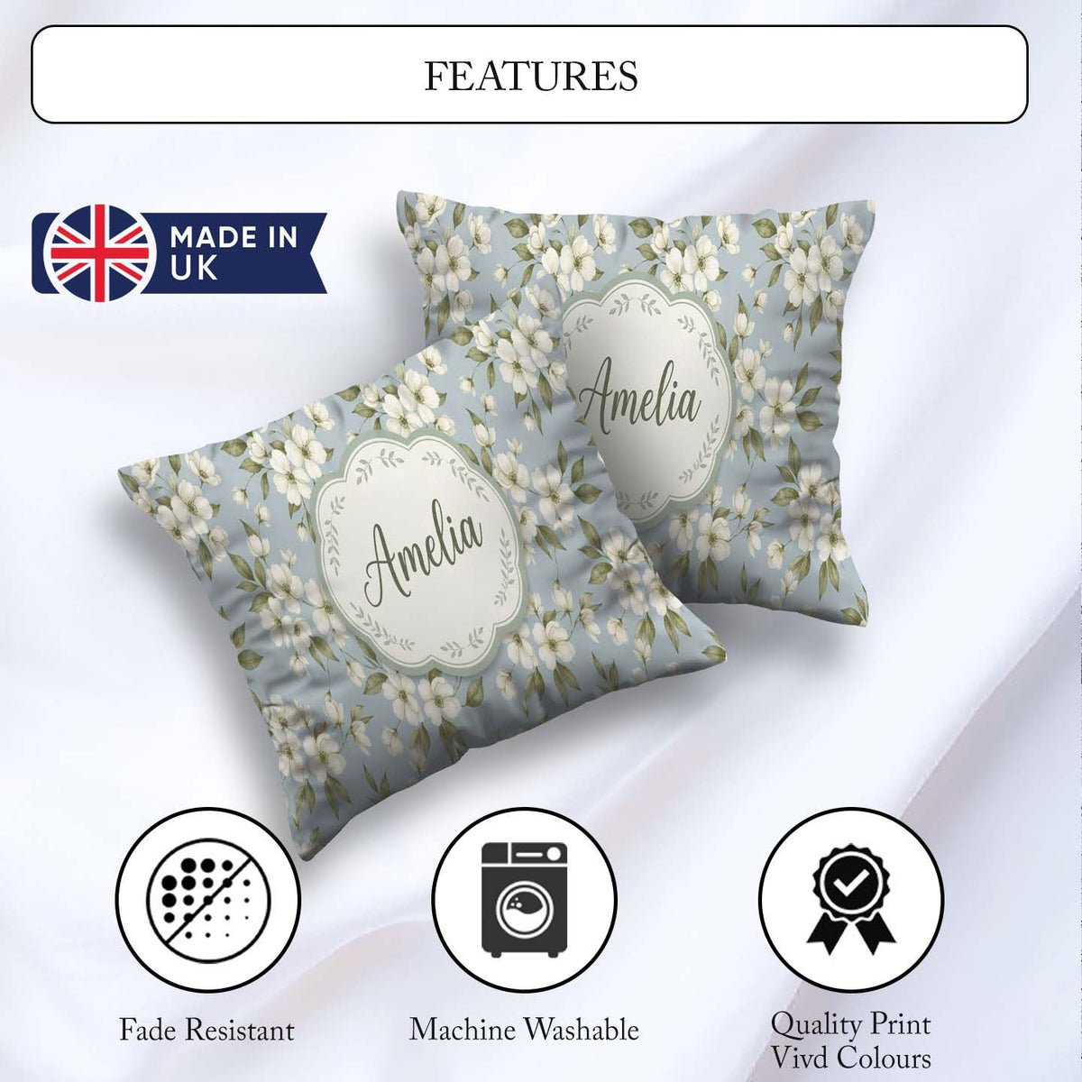 Custom Name Delicate White Blossom Flowers on Soft Blue Seamless Square Filled Cushion Throw Pillow Sofa Bed Home Decor Zip Washable UK Made