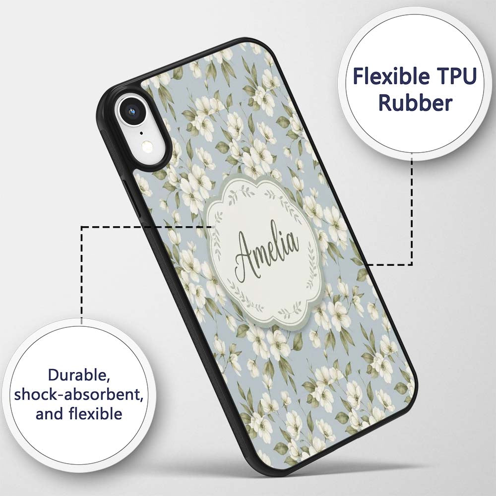 Delicate White Blossom Flowers on Printed Design Custom Name Protective Phone Case Mobile Cover Durable Everyday Smartphone Shock Resistant