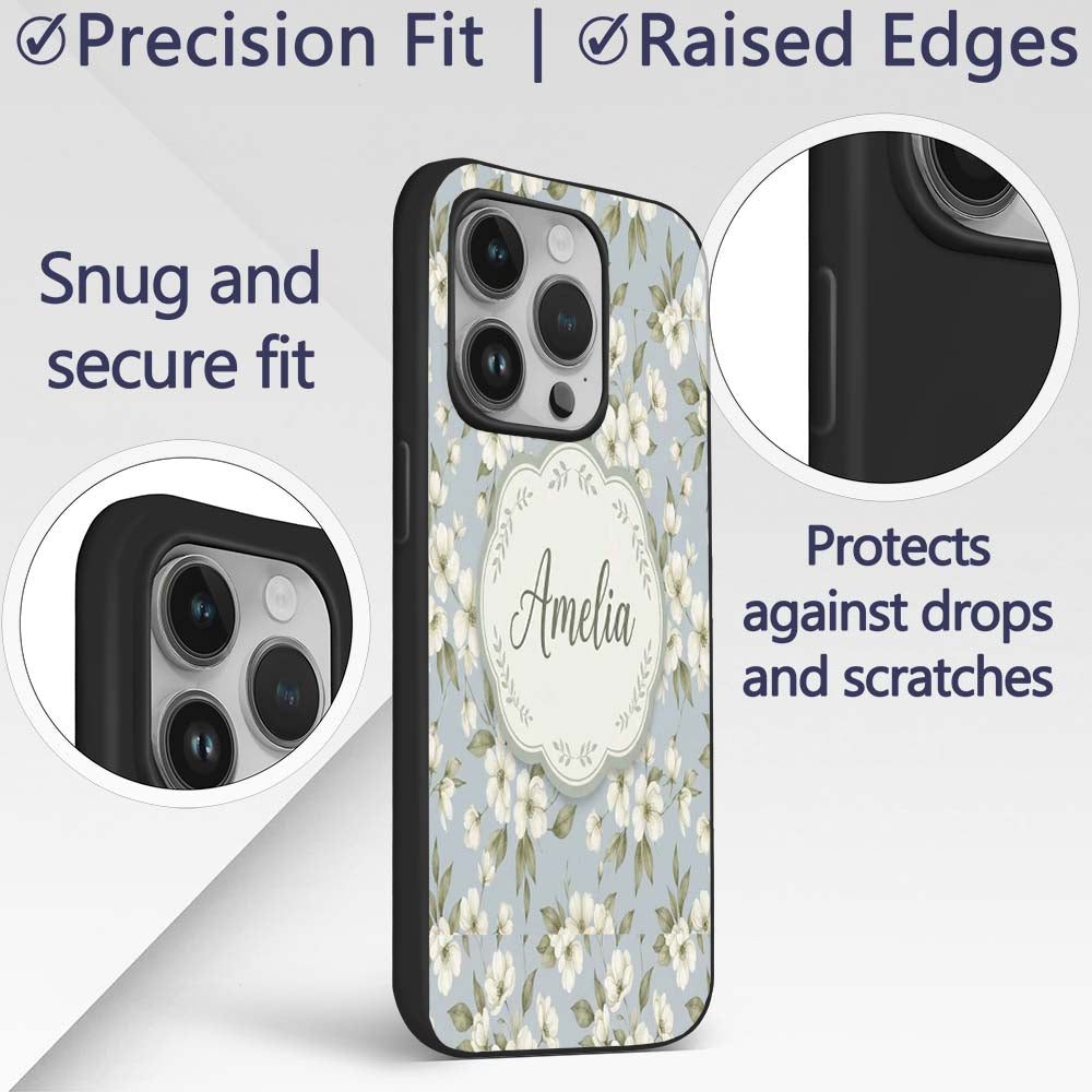 Delicate White Blossom Flowers on Printed Design Custom Name Protective Phone Case Mobile Cover Durable Everyday Smartphone Shock Resistant