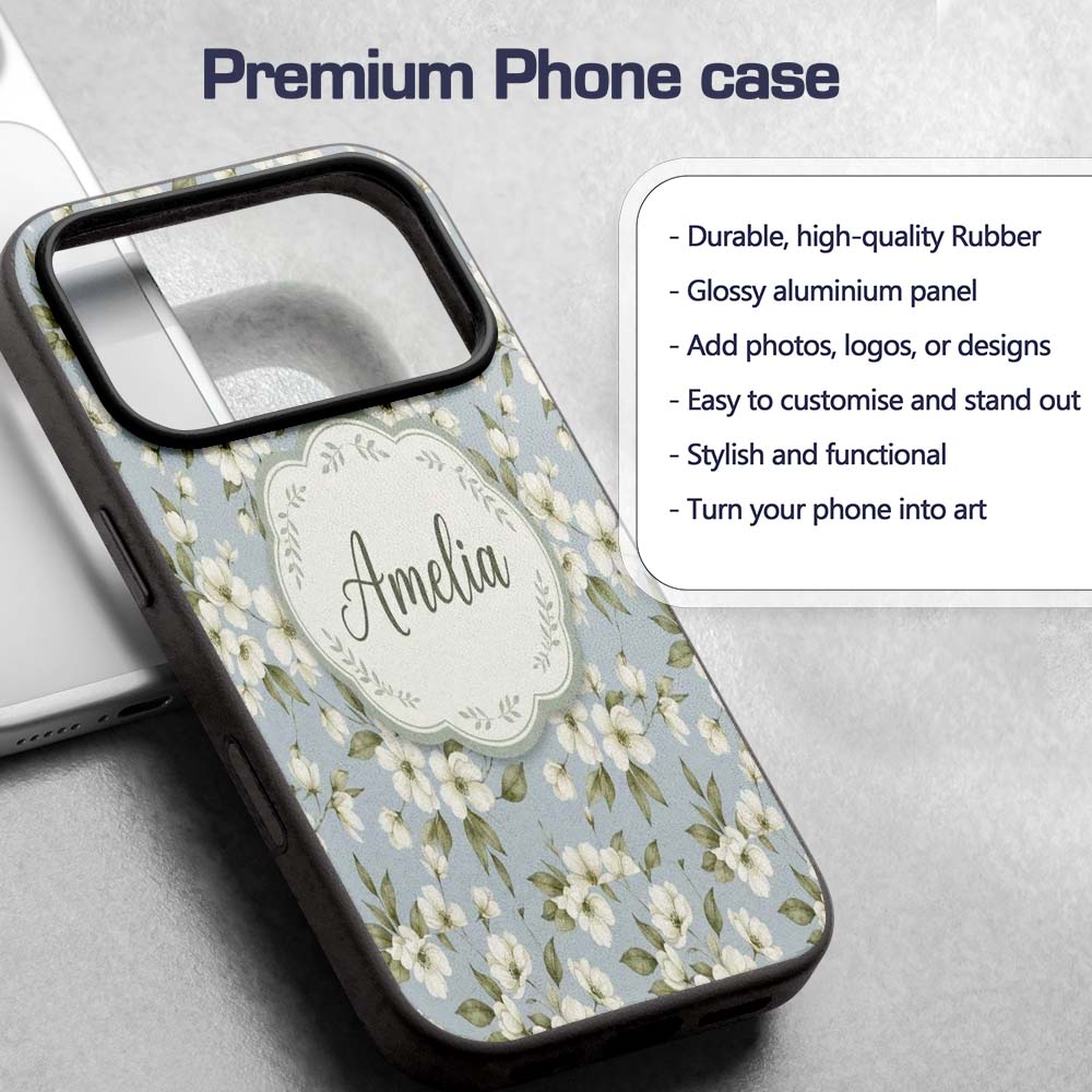 Delicate White Blossom Flowers on Printed Design Custom Name Protective Phone Case Mobile Cover Durable Everyday Smartphone Shock Resistant