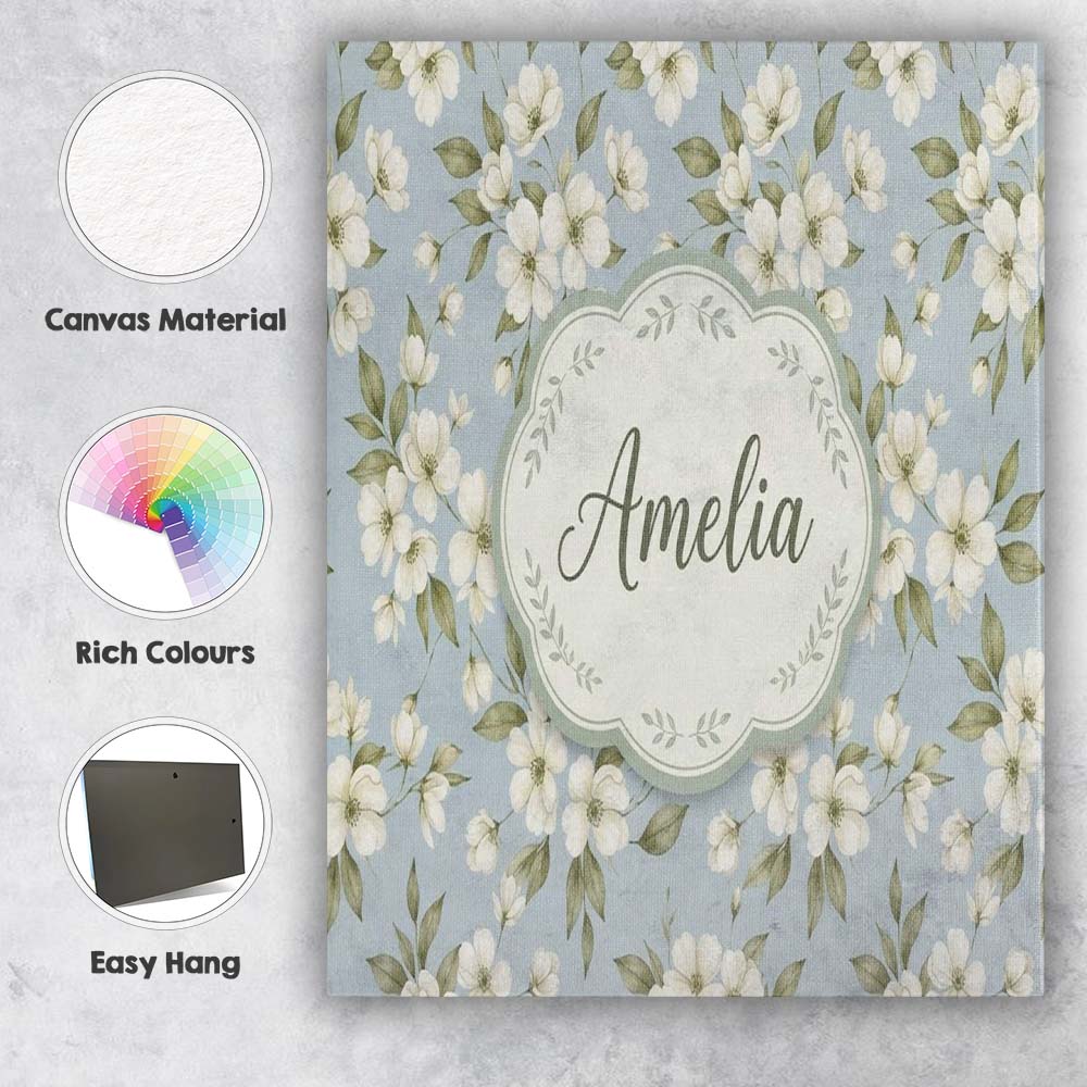 Personalised Name Delicate White Blossom Custom Unique Gift Idea Elegant Feature Canvas Wall Art Print Decor Picture Ready to Hang