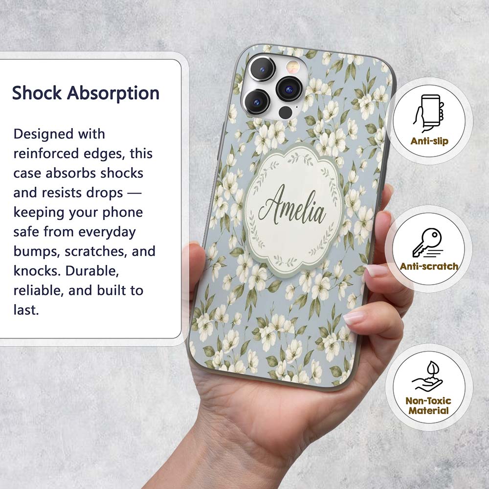 Delicate White Blossom Flowers on Printed Design Custom Name Protective Phone Case Mobile Cover Durable Everyday Smartphone Shock Resistant