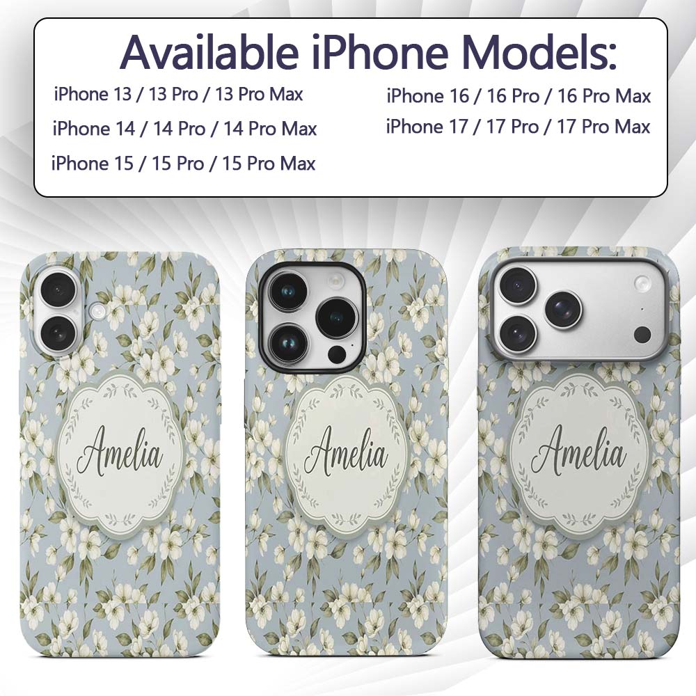 Delicate White Blossom Flowers on Printed Design Custom Name Protective Phone Case Mobile Cover Durable Everyday Smartphone Shock Resistant