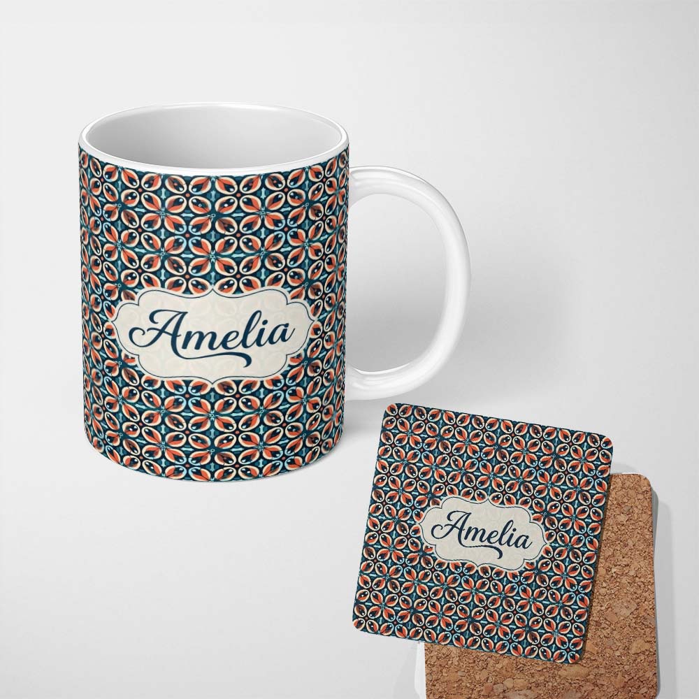 Personalized Custom Name Geometric Floral Tile in Coral and Navy Seamless Pattern Name Cute 11oz Ceramic Coffee Tea Mug White Large Handle