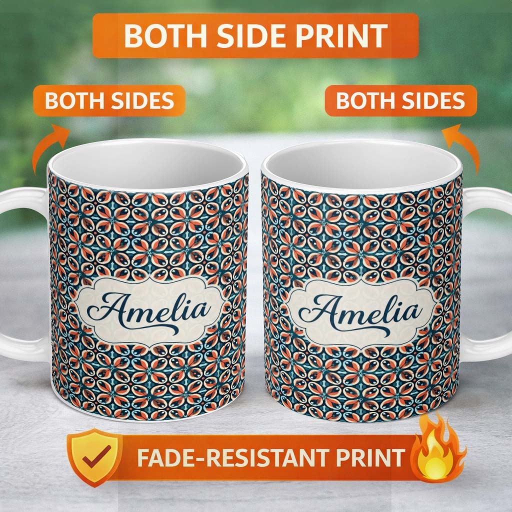 Personalized Custom Name Geometric Floral Tile in Coral and Navy Seamless Pattern Name Cute 11oz Ceramic Coffee Tea Mug White Large Handle