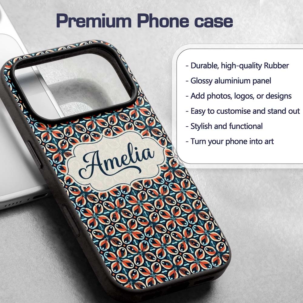Geometric Floral Tile in Coral and Navy Seamless Custom Name Protective Phone Case Mobile Cover Durable Everyday Smartphone Shock Resistant