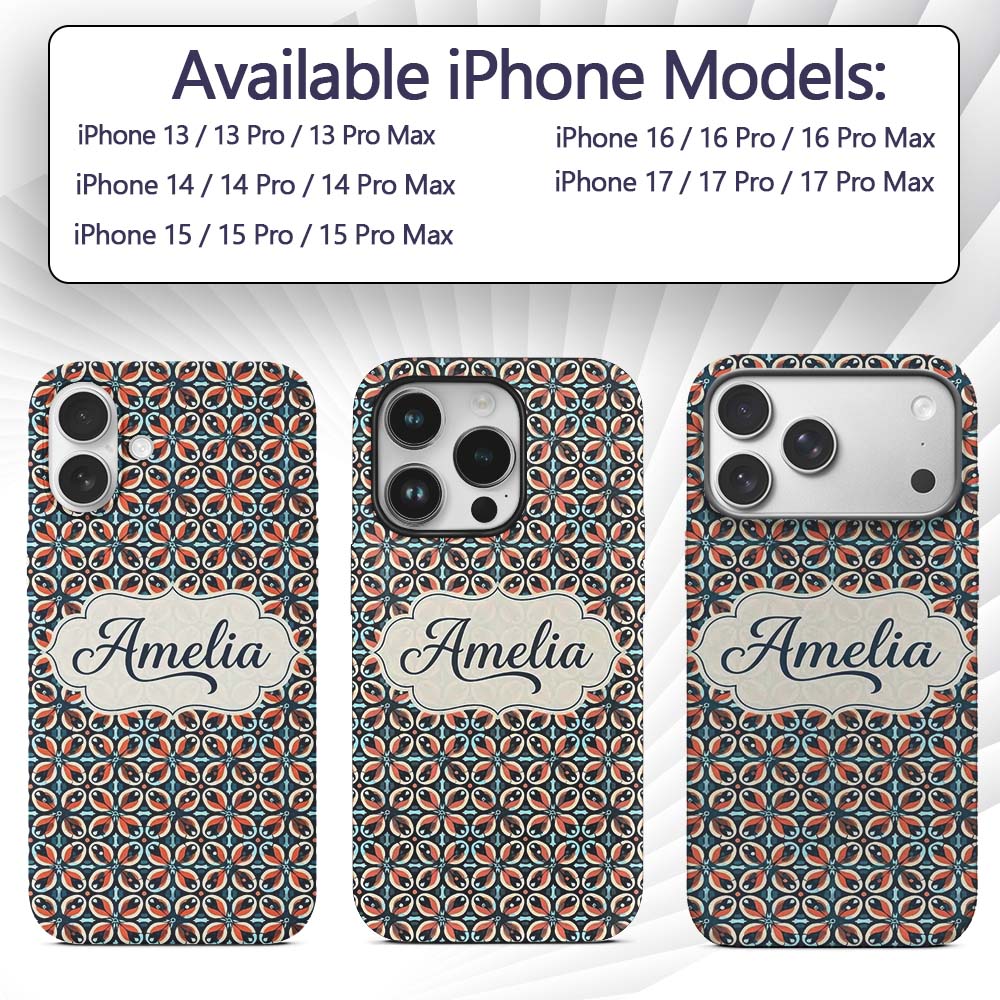 Geometric Floral Tile in Coral and Navy Seamless Custom Name Protective Phone Case Mobile Cover Durable Everyday Smartphone Shock Resistant