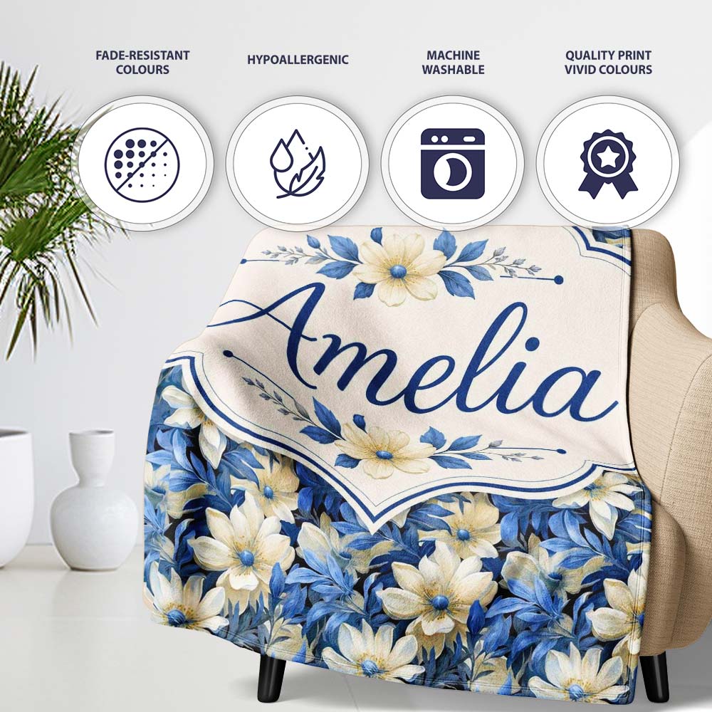 Elegant Blue and Cream Floral Garden Seamless Pattern Name Cute Personalised Custom Name Super Soft Fleece Blanket Bed Sofa Throw