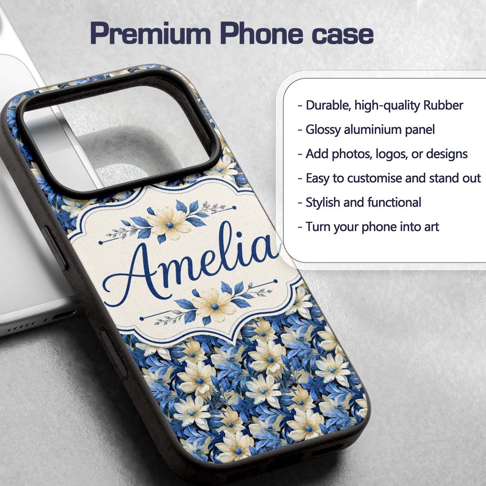 Elegant Blue and Cream Floral Garden Seamless Custom Name Protective Phone Case Mobile Cover Durable Everyday Smartphone Shock Resistant