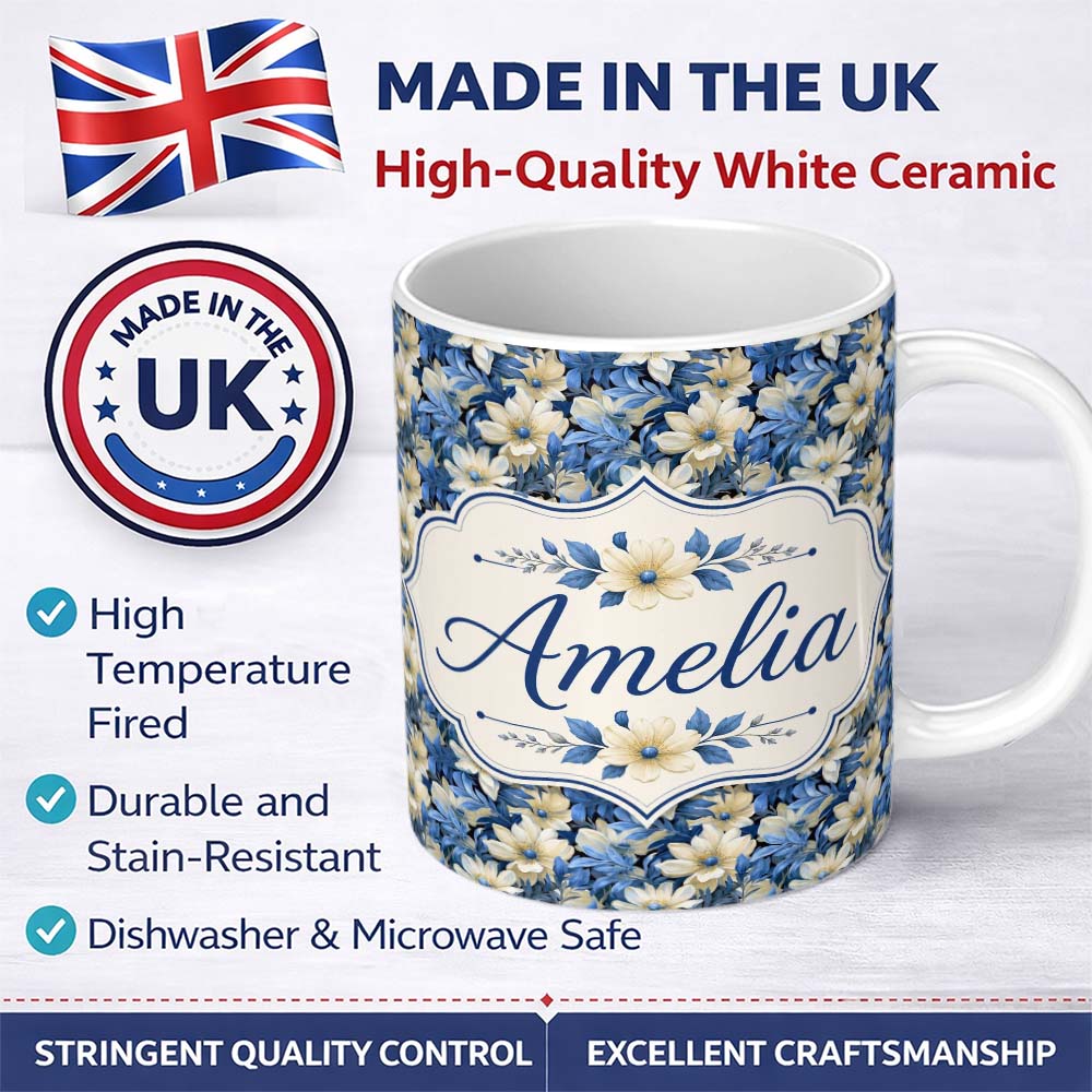 Personalized Custom Name Elegant Blue and Cream Floral Garden Seamless Pattern Name Cute 11oz Ceramic Coffee Tea Mug White Large Handle