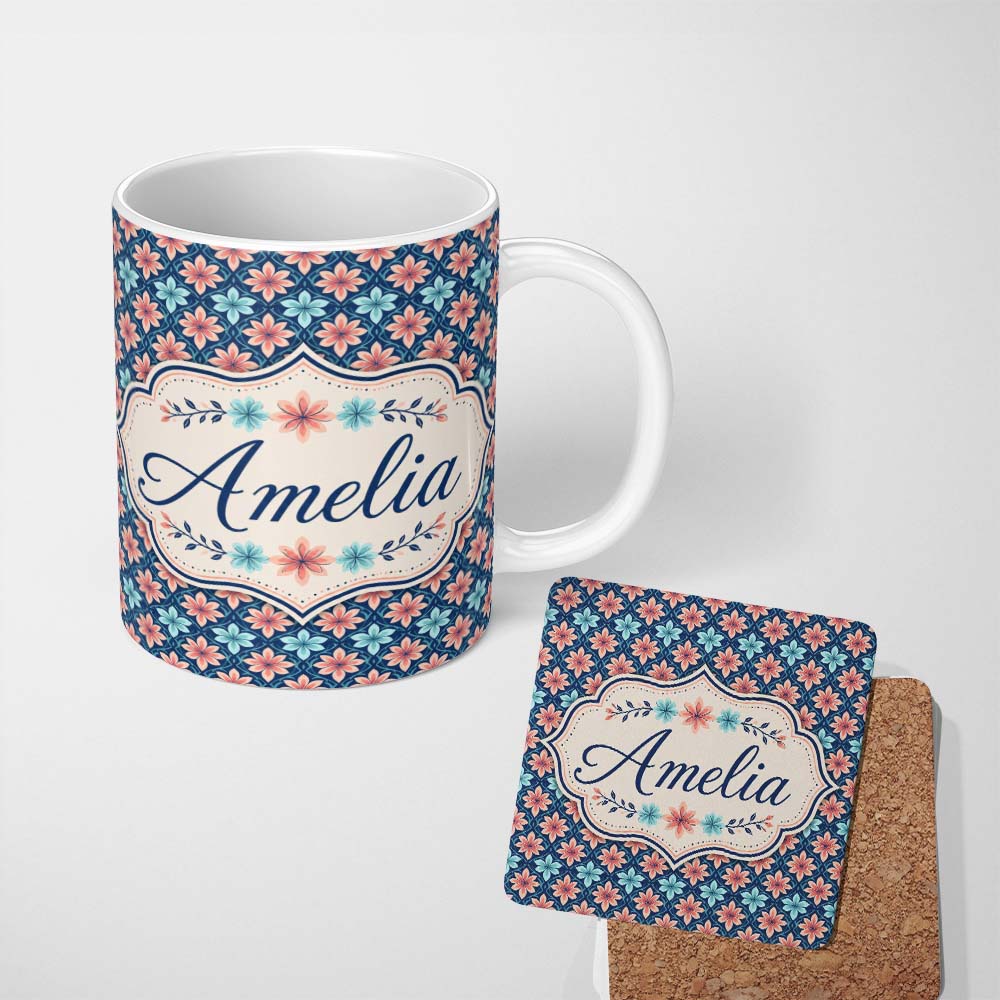 Personalized Custom Name Stylish Peach and Teal Floral Lattice Seamless Pattern Name Cute 11oz Ceramic Coffee Tea Mug White Large Handle