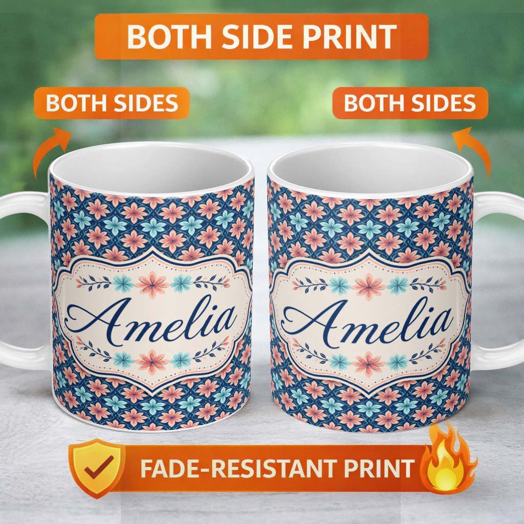 Personalized Custom Name Stylish Peach and Teal Floral Lattice Seamless Pattern Name Cute 11oz Ceramic Coffee Tea Mug White Large Handle