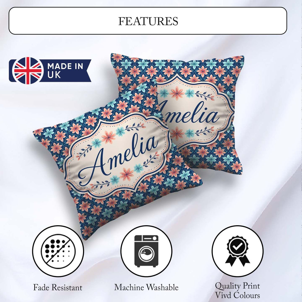 Custom Name Peach and Teal Floral Lattice Seamless Pattern Name Square Filled Cushion Throw Pillow Sofa Bed Home Decor Zip Washable UK Made