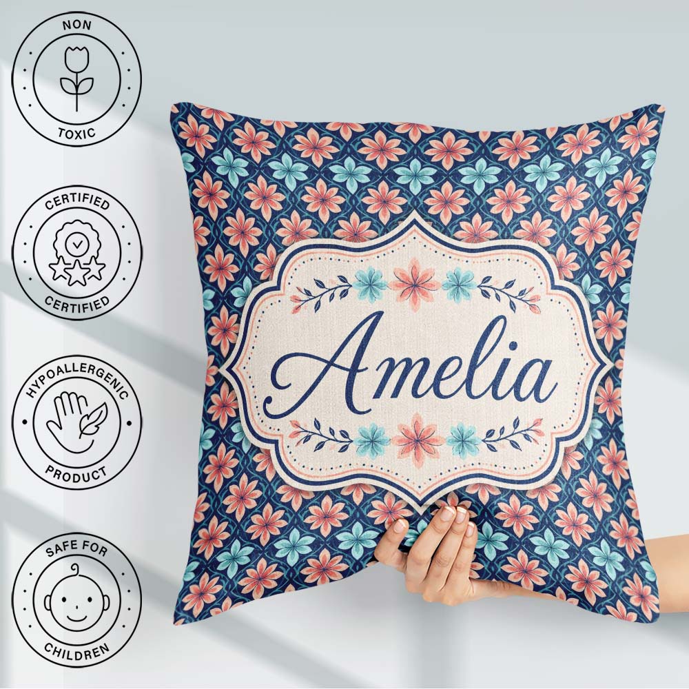 Custom Name Peach and Teal Floral Lattice Seamless Pattern Name Square Filled Cushion Throw Pillow Sofa Bed Home Decor Zip Washable UK Made