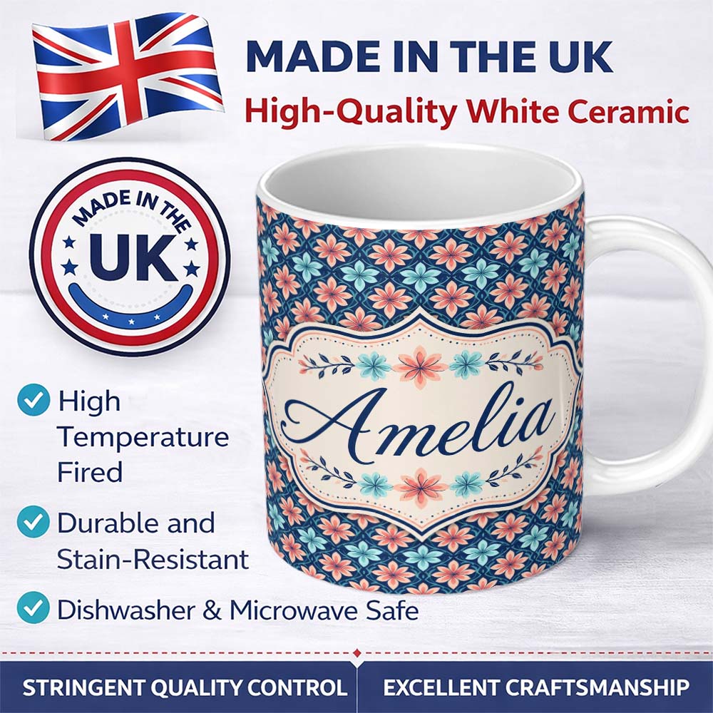 Personalized Custom Name Stylish Peach and Teal Floral Lattice Seamless Pattern Name Cute 11oz Ceramic Coffee Tea Mug White Large Handle