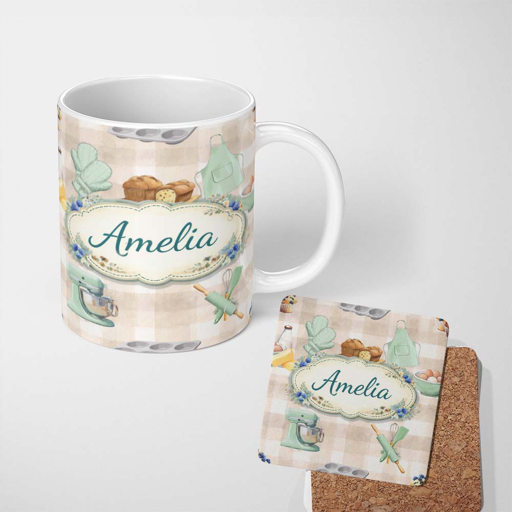 Personalized Custom Name Baking Kitchen Tools Seamless Pattern Beige Background Cooking 11oz Ceramic Coffee Tea Mug White Large Handle